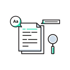 vector illustration of a document, magnifying glass, and text-related speech bubble, symbolizing research, text editing, or language tools. © colorfun