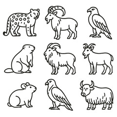 Fototapeta premium Alpine Wildlife Icons. Line style icons of Alpine Wildlife: snow leopard, ibex, golden eagle, marmot, Himalayan tahr, mountain