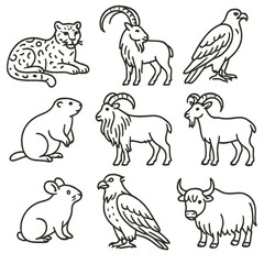 Obraz premium Alpine Wildlife Icons. Line style icons of Alpine Wildlife: snow leopard, ibex, golden eagle, marmot, Himalayan tahr, mountain