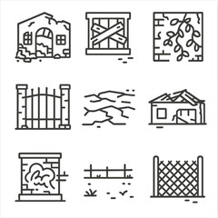 Urban Ruins Icons. Line style icons of Urban Ruins: crumbling warehouse, boarded window, ivy-covered wall, rusted gate, broken