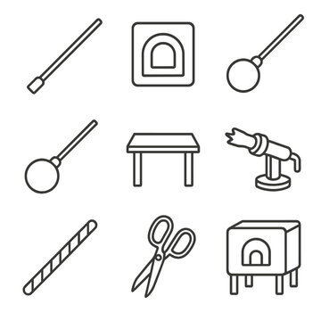 Glass Blowing Icons. Line style icons of Glass Blowing: blowpipe, furnace mouth, punty rod, glass bubble, marver table, bench