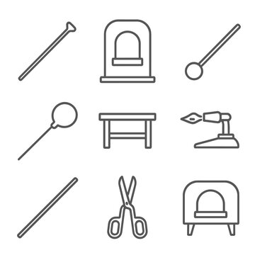 Glass Blowing Icons. Line style icons of Glass Blowing: blowpipe, furnace mouth, punty rod, glass bubble, marver table, bench