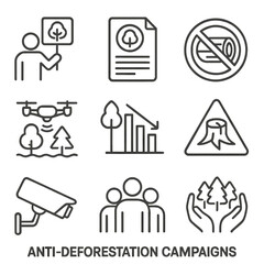 Fototapeta premium Anti-Deforestation Icons. Outline style icons of Anti-Deforestation Campaigns: protester with tree sign, forest law document, log
