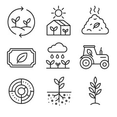 Sustainable Agriculture Icons. Outline style icons of Sustainable Agriculture: rotating crops, greenhouse with sun, compost pile,