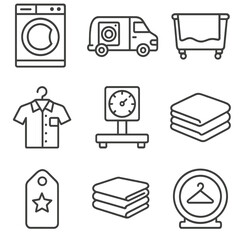 Commercial Laundry Icons. Outline style icons of Commercial Laundry: industrial washer, laundry service van, linen cart, uniform © Александр Михайлюк