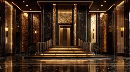 Grand, opulent lobby with black and gold marble accents.