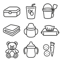 Child Picnic Icons. Outline style icons of Child Picnic Items: mini lunchbox, juice pouch, toy bucket, children’s blanket, toddler