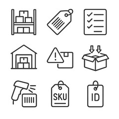 Fototapeta premium Inventory Management Icons. Outline style icons of Inventory Management: product shelf, barcode tag, inventory checklist,