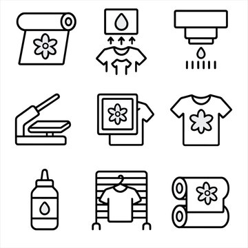 Textile Printing Icons. Outline style icons of Textile Printing: fabric on roller, dye sublimation icon, DTG printer head, heat