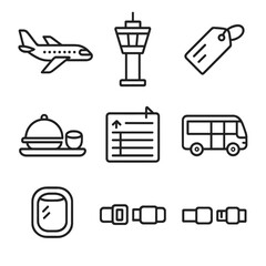 Fototapeta premium Air Travel Icons. Outline style icons of Air Travel: airplane icon, control tower, flight ticket, luggage tag, in-flight meal,