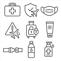 Travel Safety Icons. Outline style icons of Travel Safety and Health: first aid kit, travel insurance icon, face mask, travel