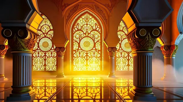 Arabesque abstract background, geometric design, ornate details. Visual harmony. Arches reflect in glossy surface. Intricate patterns enhance visual depth. Ambient lighting creates serene atmosphere.