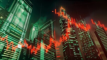 Red stock market graph fluctuating over futuristic green skyscrapers at night showing the volatility of investments in a technological and modern city - Powered by Adobe