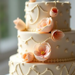 Elegant wedding cake with peach fuzz colored flowers
