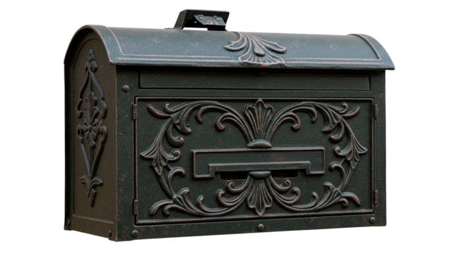 An ornate, vintage wrought iron mailbox displays intricate floral designs and rustic charm.