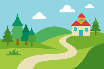 Fototapeta premium Vector illustration of a rural village landscape with cartoon houses under a summer sky, featuring trees and a road through the countryside