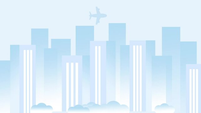 A futuristic city skyline bathed in blue light under clear skies, showcasing modern high-rise buildings and an airplane flying in the distance