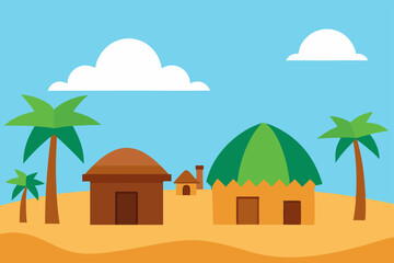 Desert village landscape with houses, trees, and mountains under a summer sky