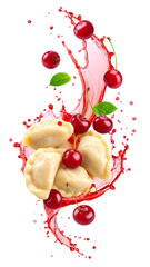 Varenyky or pierogi with cherry juice splashing on transparent background