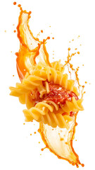 Delicious fusilli pasta with tomato sauce splashing on transparent background