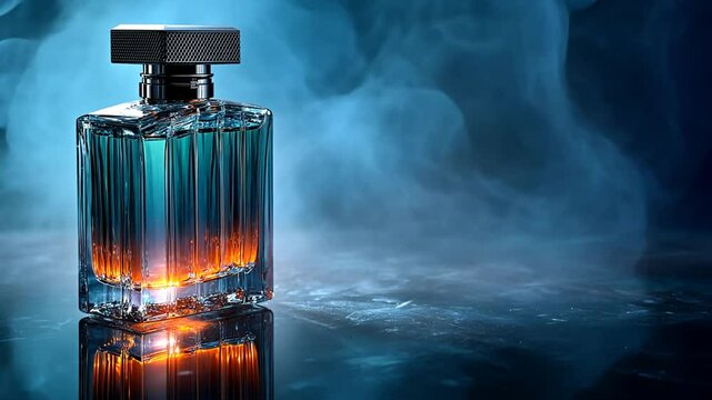 A luxurious perfume bottle, bathed in warm light, sits amidst a dramatic smoky backdrop