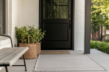 Welcoming front porch with a cozy bench, potted plants, and neatly arranged doormat during a sunny afternoon in a suburban neighborhood