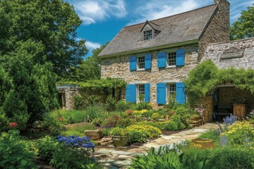 A picturesque stone cottage nestled amidst a vibrant array of blossoming flowers and lush green foliage, all illuminated by a brilliant blue sky during the warm summer months
