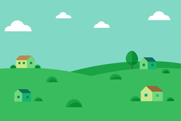 Fototapeta premium Cartoon vector illustration of a peaceful village landscape with houses, trees, and a house on a hill under a summer sky