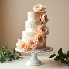 Elegant wedding cake with peach fuzz colored flowers