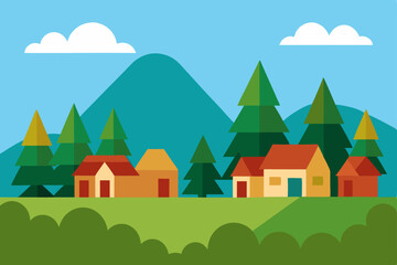 Fototapeta premium Vector illustration of a summer country landscape with trees, mountains, and a village