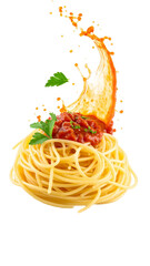 Delicious fusilli pasta with tomato sauce splashing on transparent background