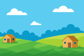 Naklejka premium Vector illustration of a village home in a country landscape with trees and summer sky
