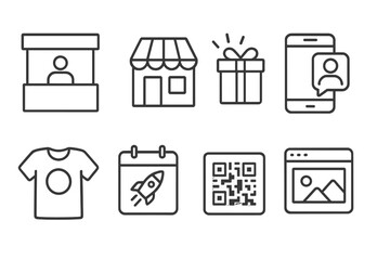 Brand Activation Icons. Line style icons of brand activation: event booth, pop-up store, giveaway box, influencer shoutout,
