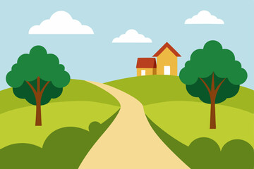 Fototapeta premium Serene Countryside Winding Road, Rolling Hills, and Charming Houses