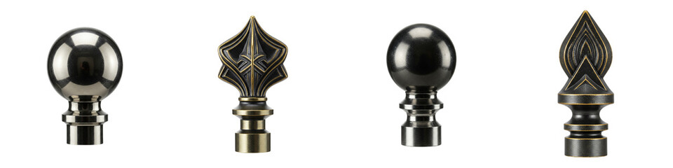 Decorative metal finials in various styles and shapes on white background  