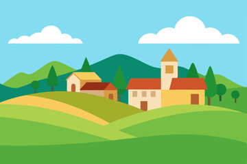 Naklejka premium Charming Village nestled in Rolling Hills A picturesque countryside scene