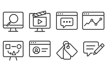 UX Toolkit Icons. Line style icons of toolkits for UX research: research software, screen recorder, survey platform, analytics