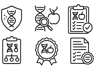 DNA Nutrition Icons. Line style icons of DNA-based nutrition: genetic research badge, nutrition genome study, science-backed diet