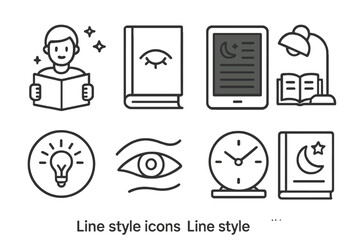 Sleepytime Reading Icons. Line style icons of sleep and health: pre-sleep reading icon, calming book cover, digital ebook in night