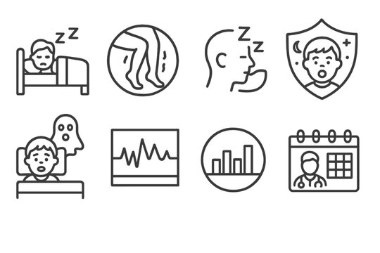 Sleep Disorder Icons. Line style icons of sleep and health: sleep disorder icons, restless legs symbol, narcolepsy chart, night