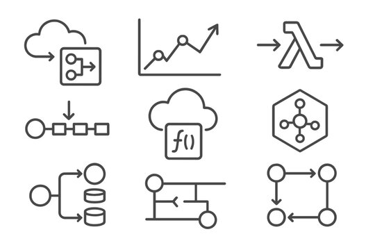 Cloud Engineering Icons. Line style icons of cloud engineering systems: event-driven architecture, message queue icon, lambda