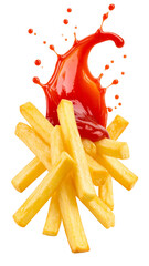 French fries covered with splashing ketchup on transparent background