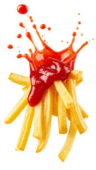 French fries covered with splashing ketchup on transparent background