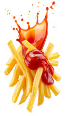 French fries covered with splashing ketchup on transparent background