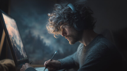 Designer wearing headphones, focused on digital art creation at computer desk