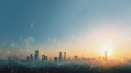 Fototapeta premium Smart city with connection network reciprocity over the cityscape social media networking systems that connects on the peak of success amid tall, innovative Smart city and graphs with statistics