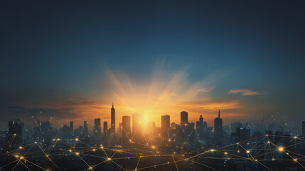 Obraz premium Smart city with connection network reciprocity over the cityscape social media networking systems that connects on the peak of success amid tall, innovative Smart city and graphs with statistics