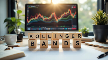 Bollinger Bands indicator for stock market trading showing volatility range, price trends, and technical signals with copy space
