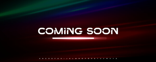 Coming soon interface with glowing progress bar. Futuristic digital typography for tech promo, website launch, app loading page, UI UX design. Bold urban font, techno alphabet. Vector illustration