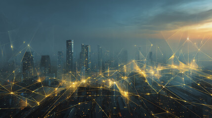 Smart city with connection network reciprocity over the cityscape social media networking systems that connects on the peak of success amid tall, innovative Smart city and graphs with statistics